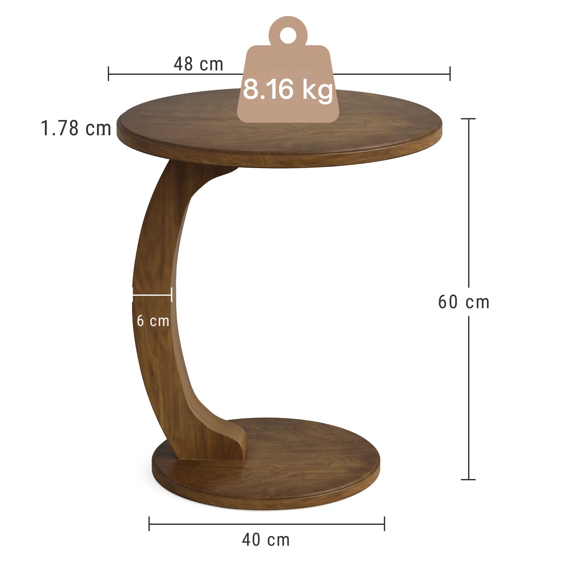 Rustic Wood C-Shaped Side Table - Sofa & Bedside End Table with Curved Pedestal Base Viridian HM Limited