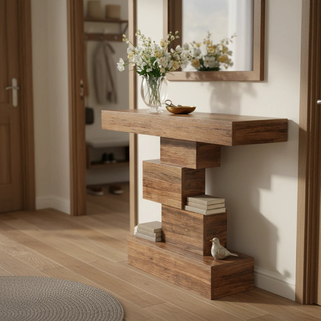 107cm Console Table, Wood Sofa Table Accent Table with Geometric Base