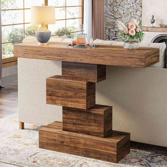 42" Console Table, Wood Sofa Table Accent Table with Geometric Base