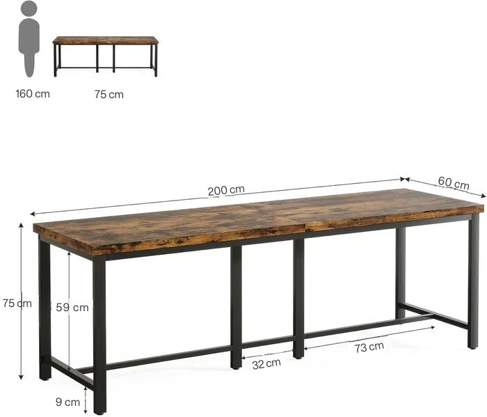 200cm Industrial Double Desk - 2-Person Home Office Workstation with Black Metal Frame Viridian HM Limited