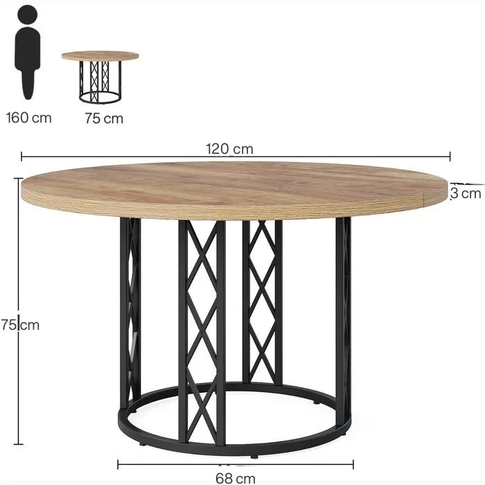 Industrial Round Dining Table - Rustic Wood Top with X-Frame Metal Pedestal Viridian HM Limited