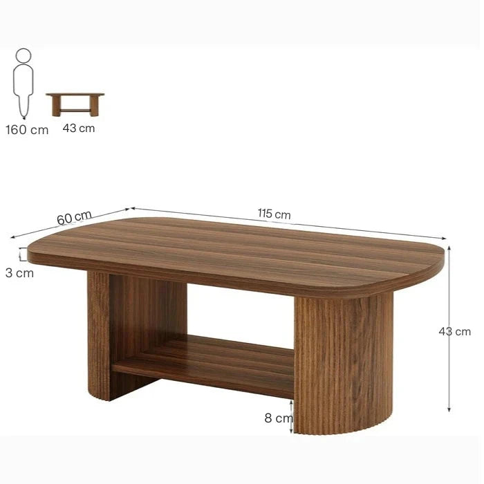 Modern Oval Walnut Coffee Table - Fluted Pedestal Base with Storage Shelf Viridian HM Limited