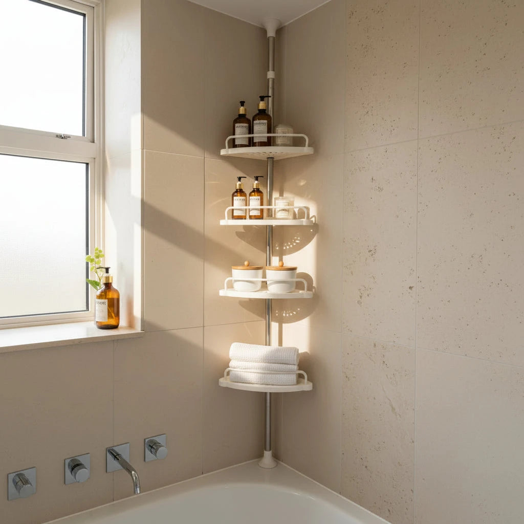 Triangle Telescopic Corner Shower Rack | Shower Storage Savings ...