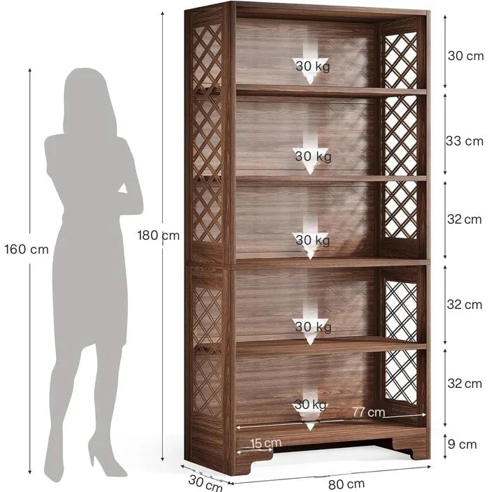 Classic Walnut 5-Tier Bookshelf - Traditional Library Display with Lattice Side Panels Viridian HM Limited