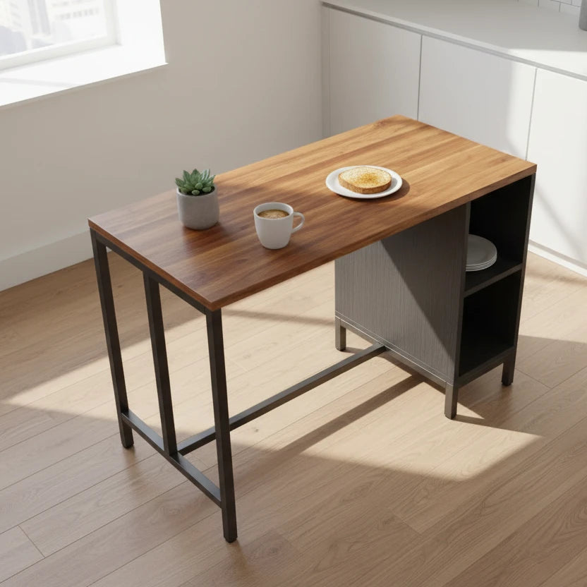Modern Wood Kitchen Island - Breakfast Bar & Coffee Station with Black Metal Frame Viridian HM Limited