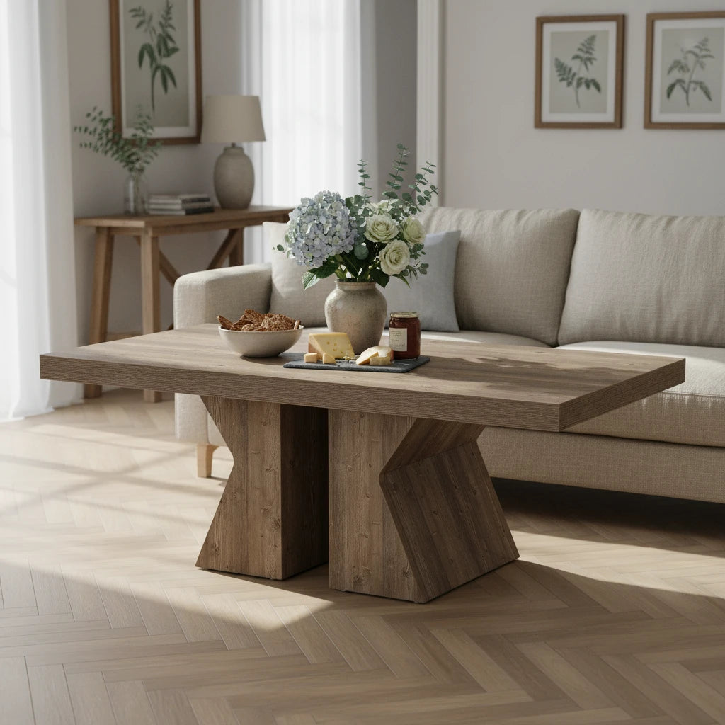 Rustic Coffee Table - Farmhouse Living Room & Center Table with Trestle Pedestal Base