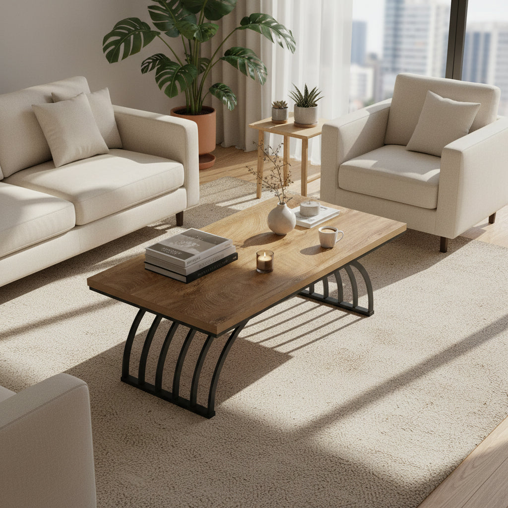 Industrial Wood Coffee Table - Living Room & Center Table with Arched Black Metal Legs Viridian HM Limited