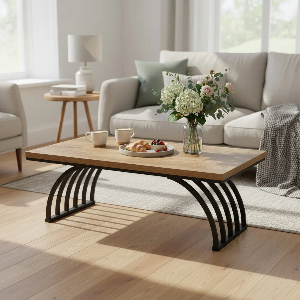 Industrial Coffee Table - Living Room & Center Table with Arched Black Metal Legs