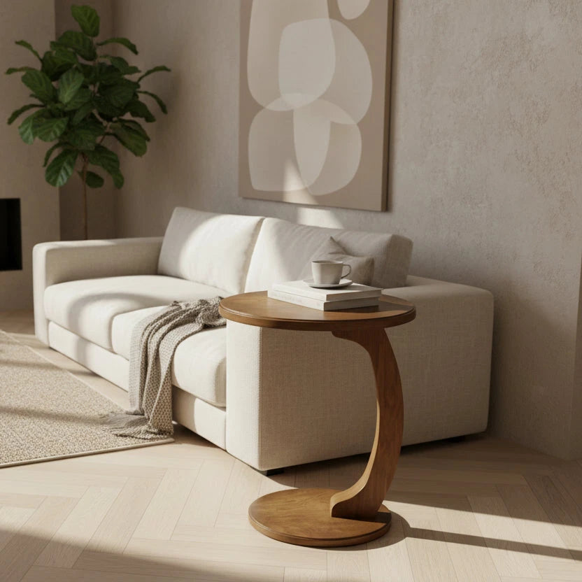 Rustic Wood C-Shaped Side Table - Sofa & Bedside End Table with Curved Pedestal Base Viridian HM Limited