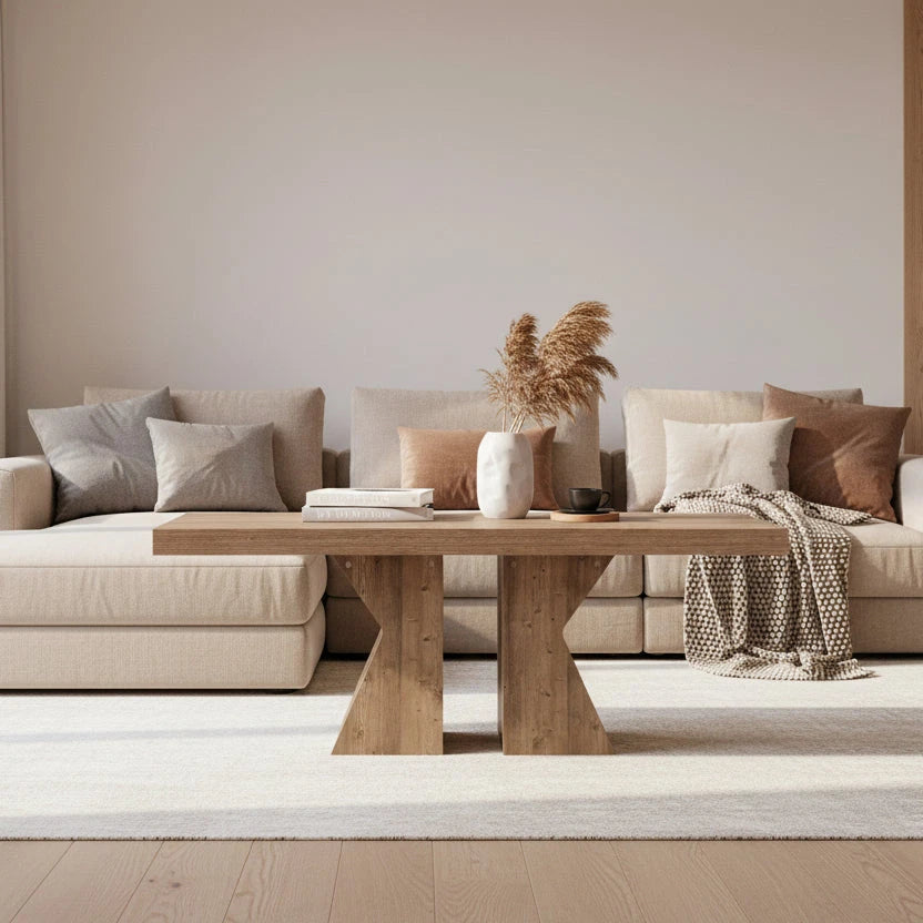 Rustic Farmhouse Coffee Table - Living Room & Center Table with Trestle Pedestal Base Viridian HM Limited