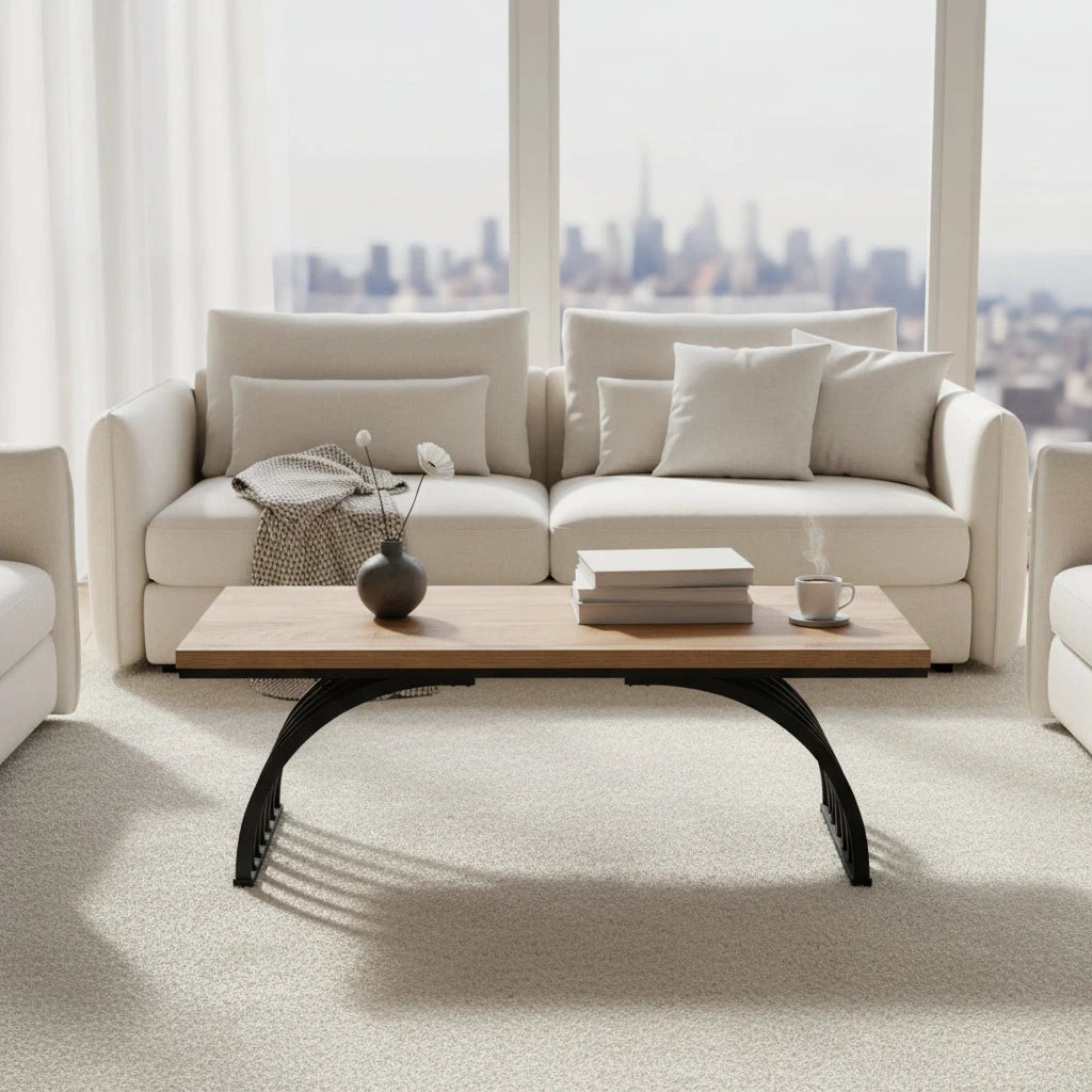 Industrial Wood Coffee Table - Living Room & Center Table with Arched Black Metal Legs Viridian HM Limited