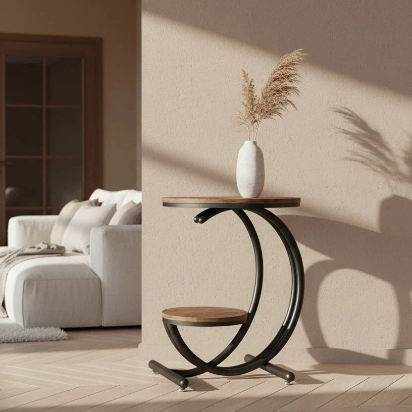 Rustic Industrial C-Shaped Side Table - 2-Tier Round End Table with Black Frame & Wood Finish Viridian HM Limited