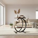 Rustic Industrial C-Shaped Side Table - 2-Tier Round End Table with Black Frame & Wood Finish Viridian HM Limited