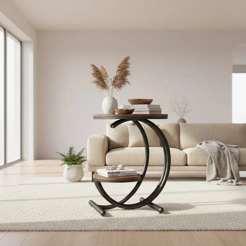 Rustic Industrial C-Shaped Side Table - 2-Tier Round End Table with Black Frame & Wood Finish Viridian HM Limited