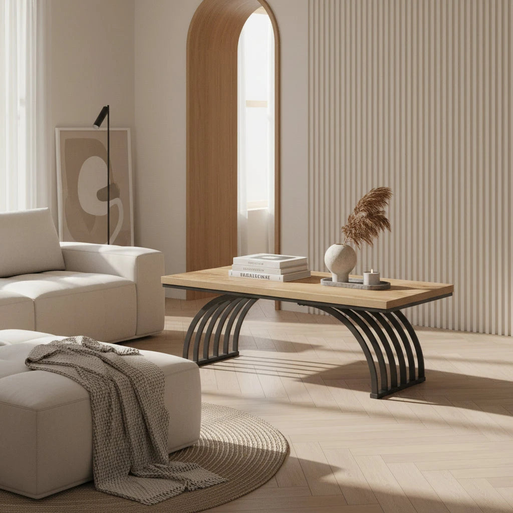 Industrial Wood Coffee Table - Living Room & Center Table with Arched Black Metal Legs Viridian HM Limited