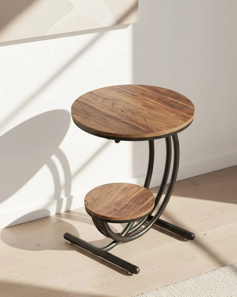 Rustic Industrial C-Shaped Side Table - 2-Tier Round End Table with Black Frame & Wood Finish Viridian HM Limited