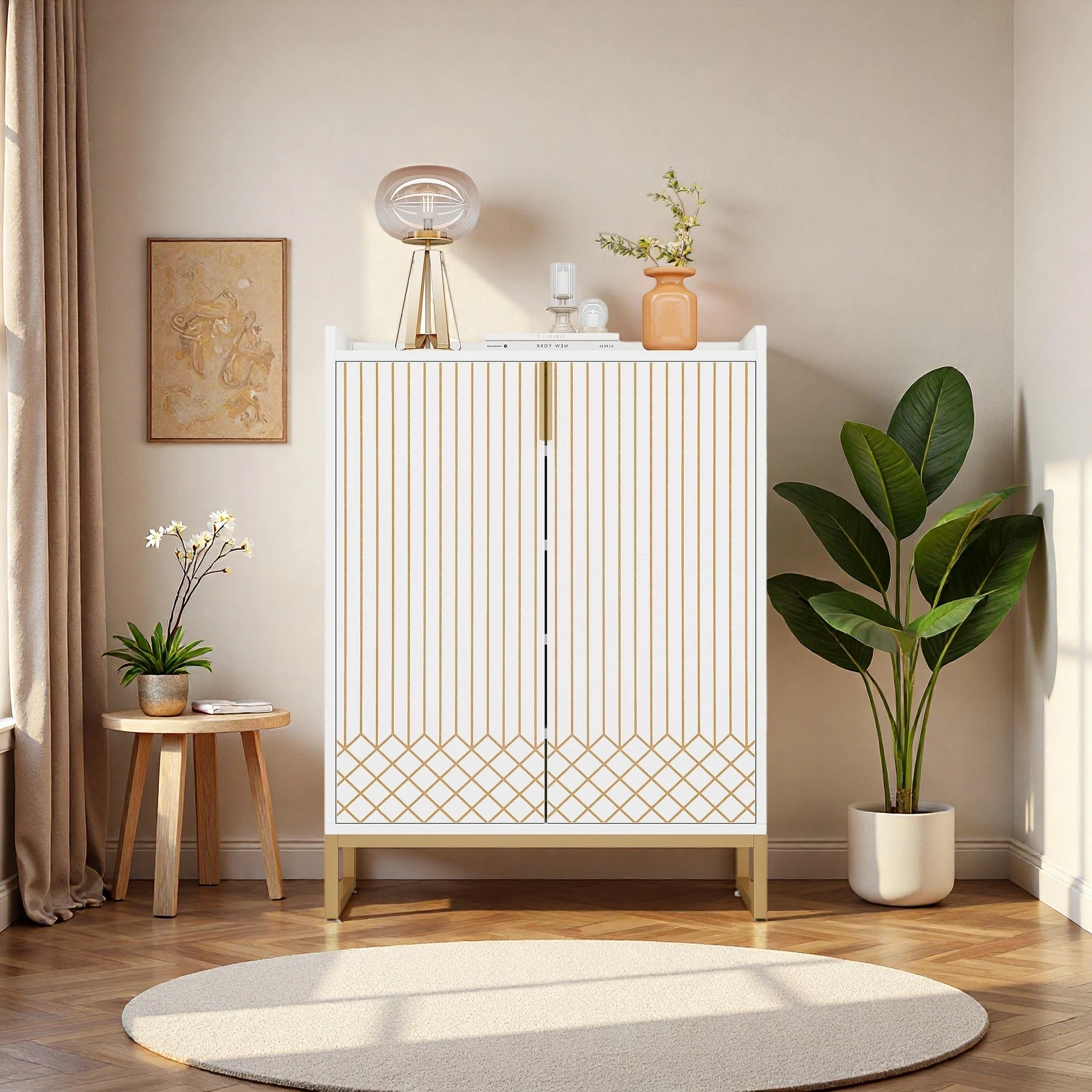 Art Deco White & Gold Accent Cabinet - Luxury Sideboard & Bar Station Viridian HM Limited