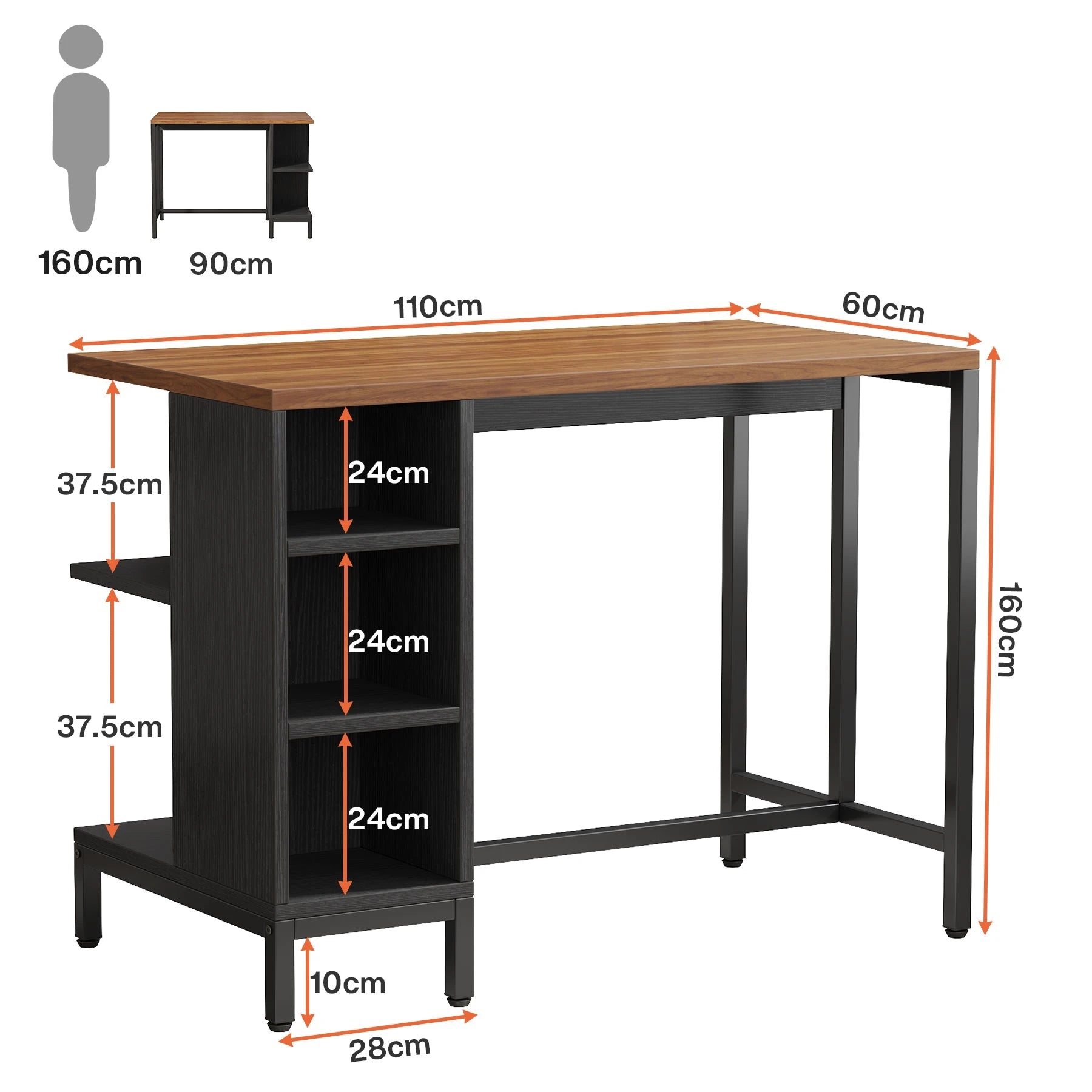 Modern Wood Kitchen Island - Breakfast Bar & Coffee Station with Black Metal Frame Viridian HM Limited