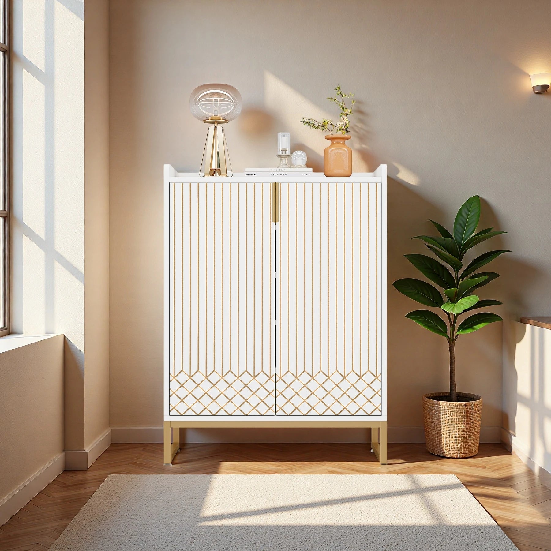 Art Deco White & Gold Accent Cabinet - Luxury Sideboard & Bar Station Viridian HM Limited
