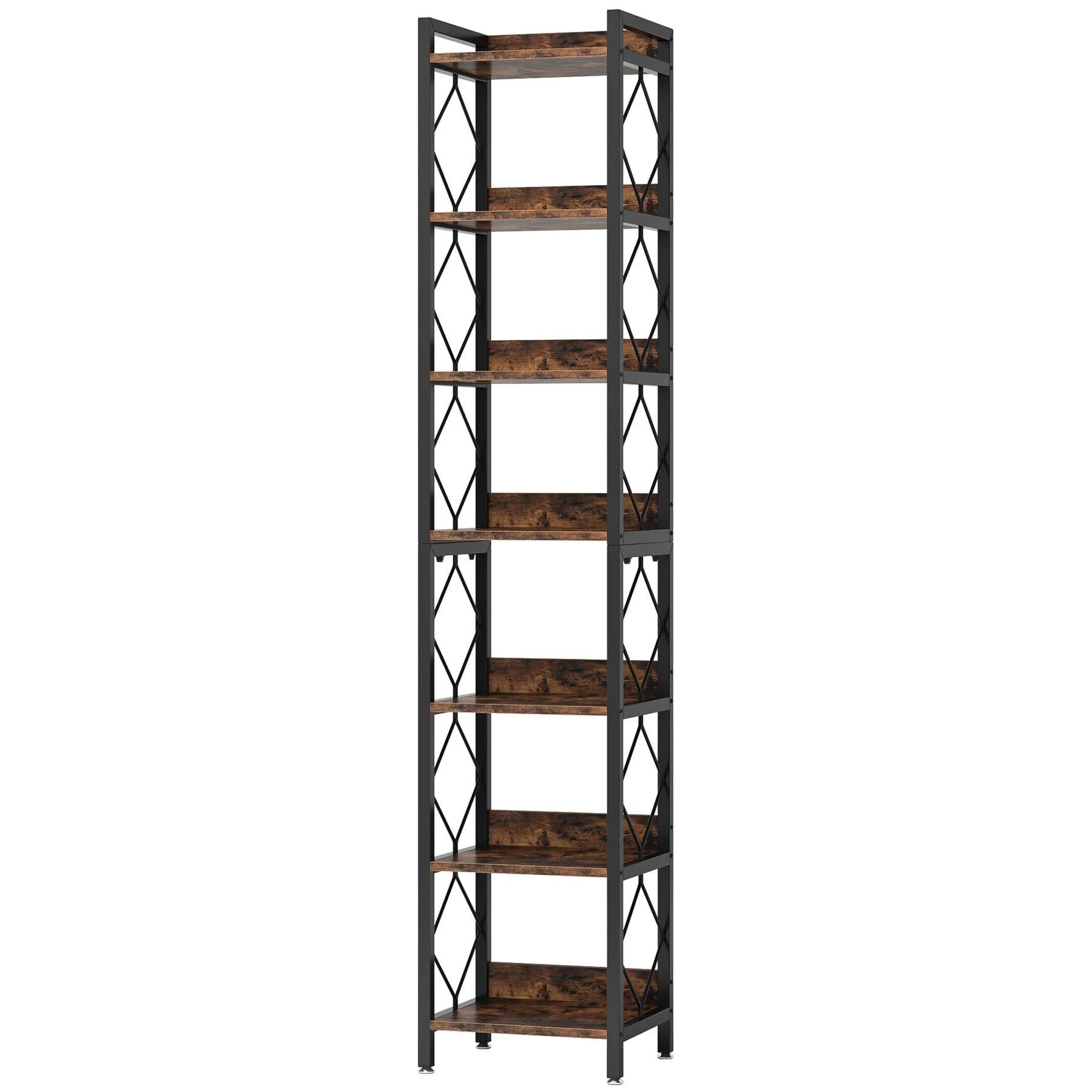 Industrial Slim 6-Tier Bookshelf - Rustic Wood & Black Metal Display Tower. Viridian HM Limited
