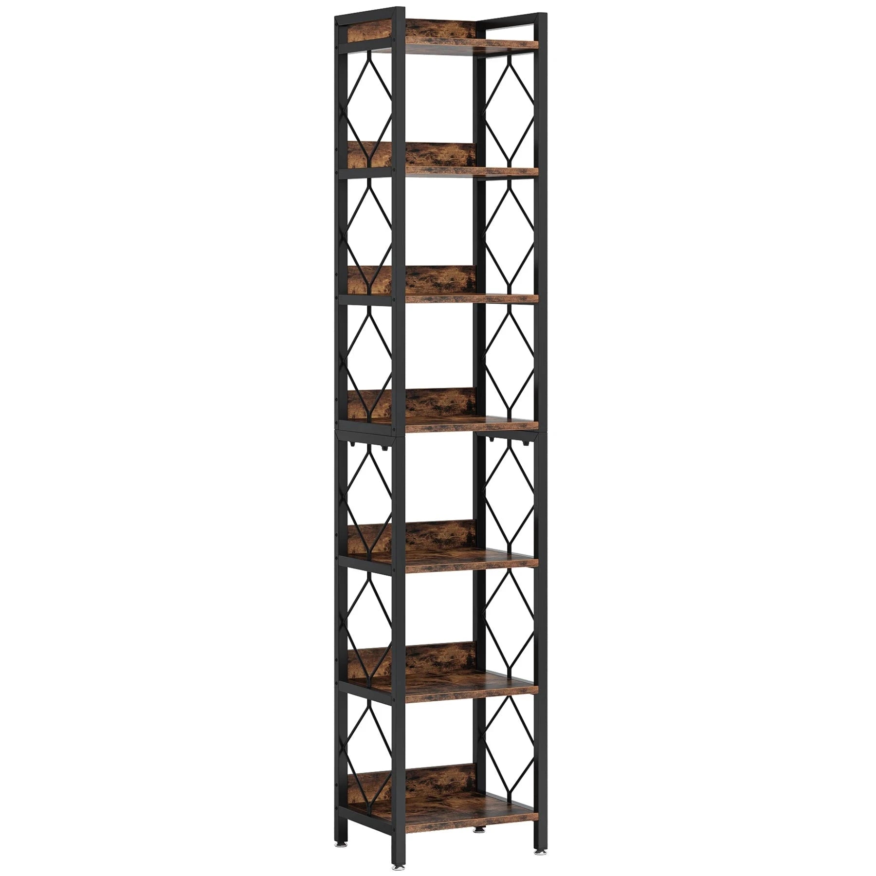 Industrial Slim 6-Tier Bookshelf - Rustic Wood & Black Metal Display Tower. Viridian HM Limited