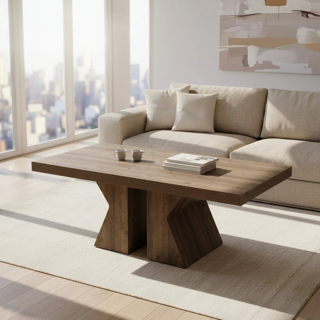 Rustic Farmhouse Coffee Table - Living Room & Center Table with Trestle Pedestal Base Viridian HM Limited