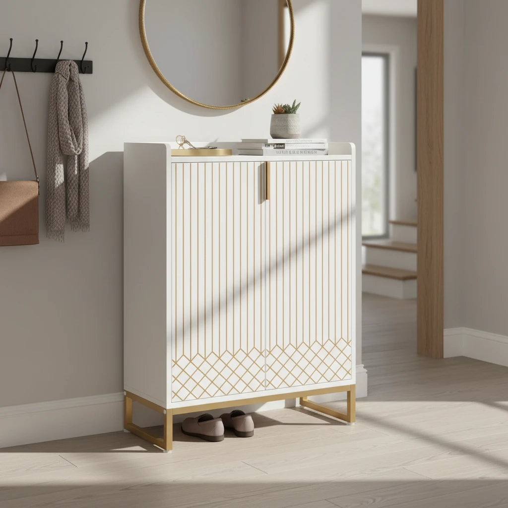 Art Deco Accent Cabinet - White & Gold Luxury Sideboard & Bar Station