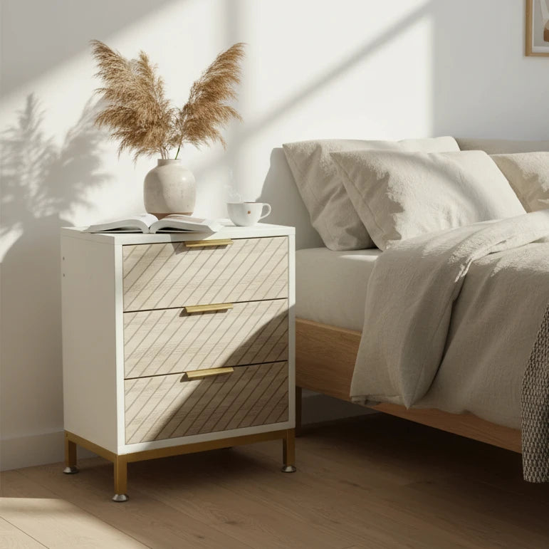 Modern 3-Drawer Nightstand with Textured Wood Finish Viridian Home & Accessories