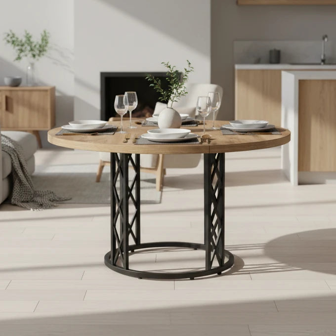 Industrial Round Dining Table - Rustic Wood Top with X-Frame Metal Pedestal