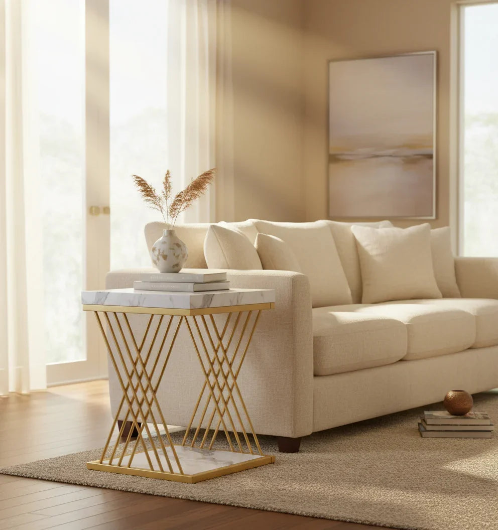 Chic Modern Square Side Table with Faux Marble Top and Geometric Gold Base - Viridian Home & Accessories