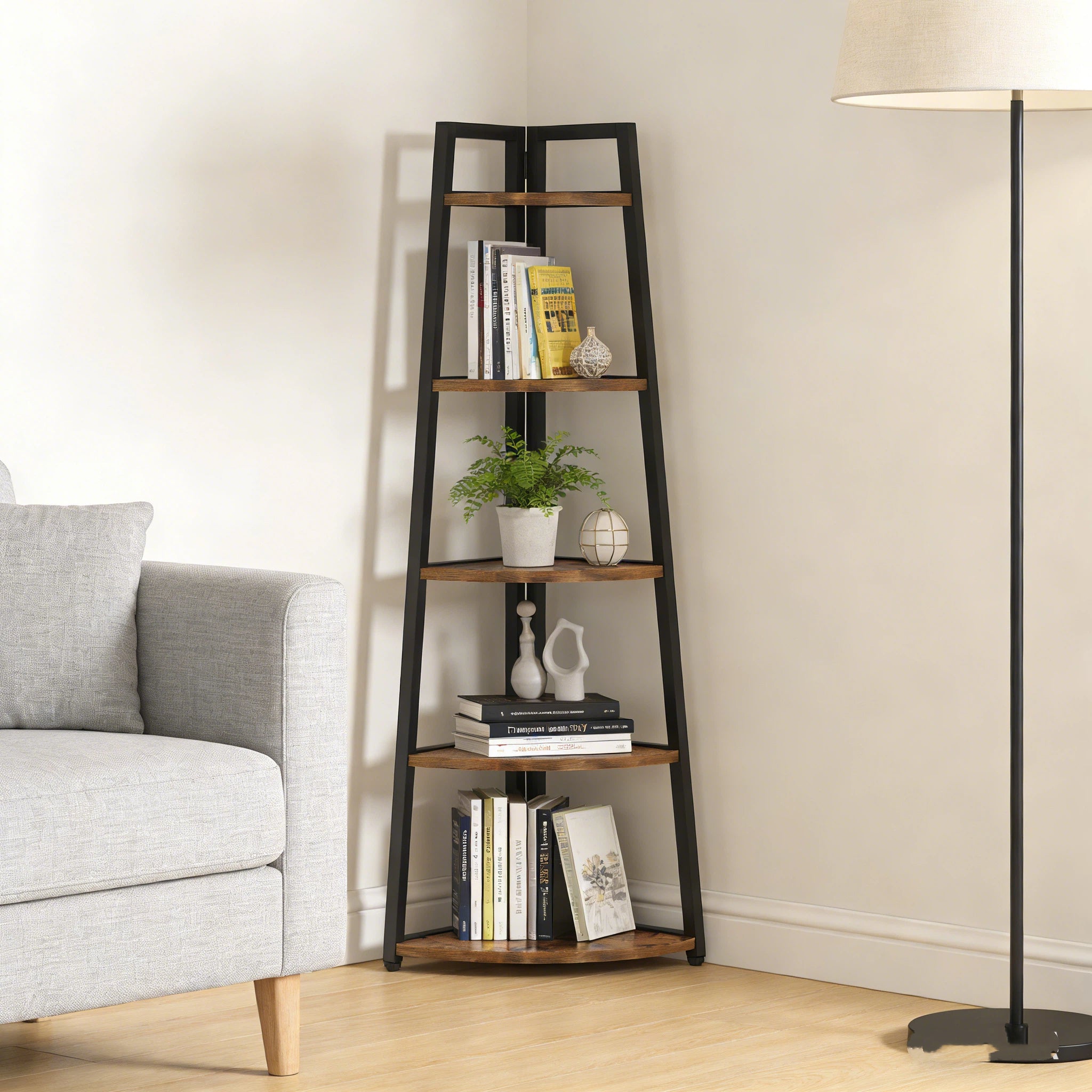 Industrial Corner Bookshelf & Display Rack with Black Metal A-Frame. Viridian HM Limited