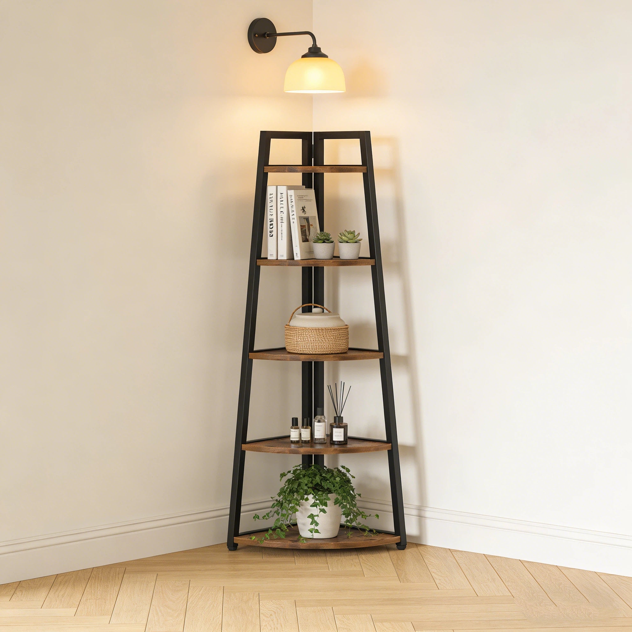 Industrial Corner Bookshelf & Display Rack with Black Metal A-Frame. Viridian HM Limited