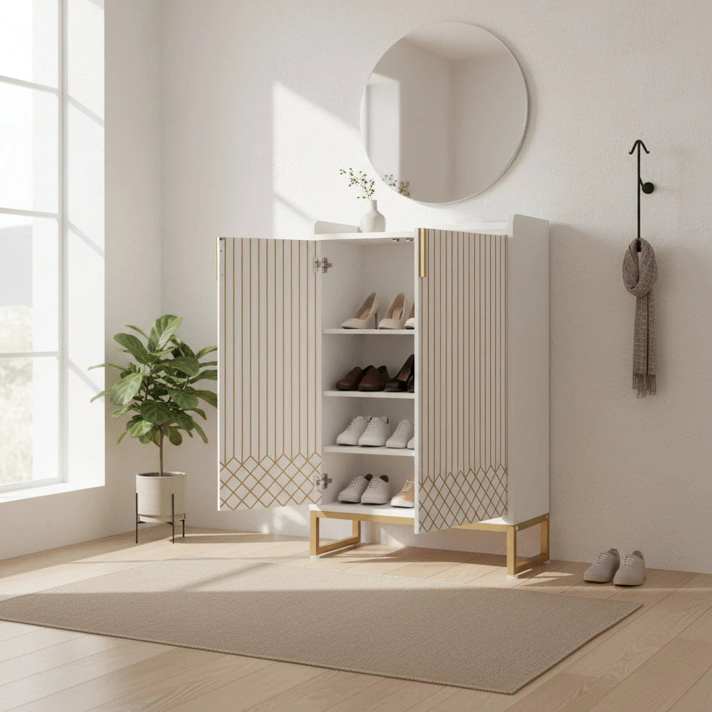 Art Deco White & Gold Accent Cabinet - Luxury Sideboard & Bar Station Viridian HM Limited