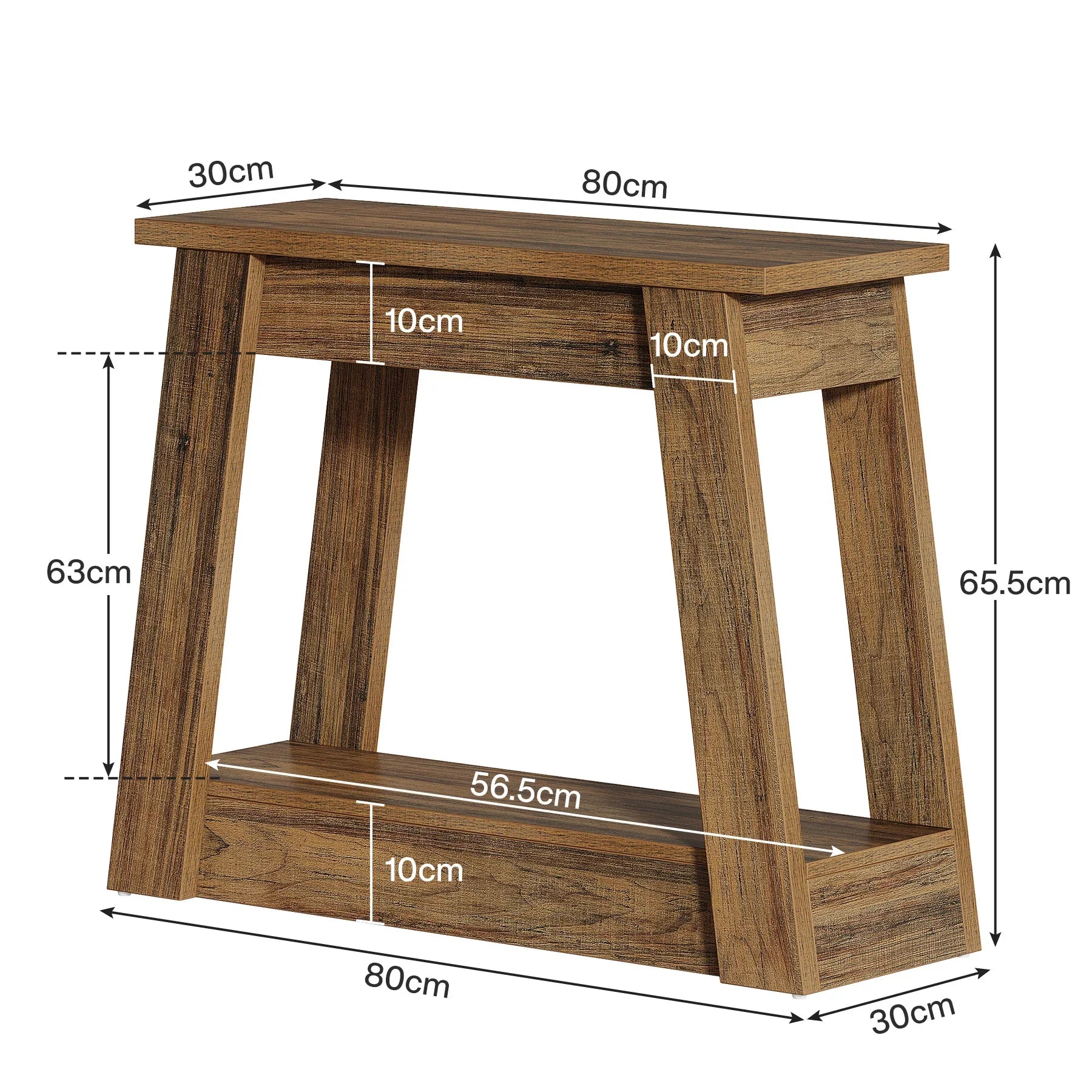 Modern wooden console table with dimensions, rustic finish, rectangular top, and lower shelf.