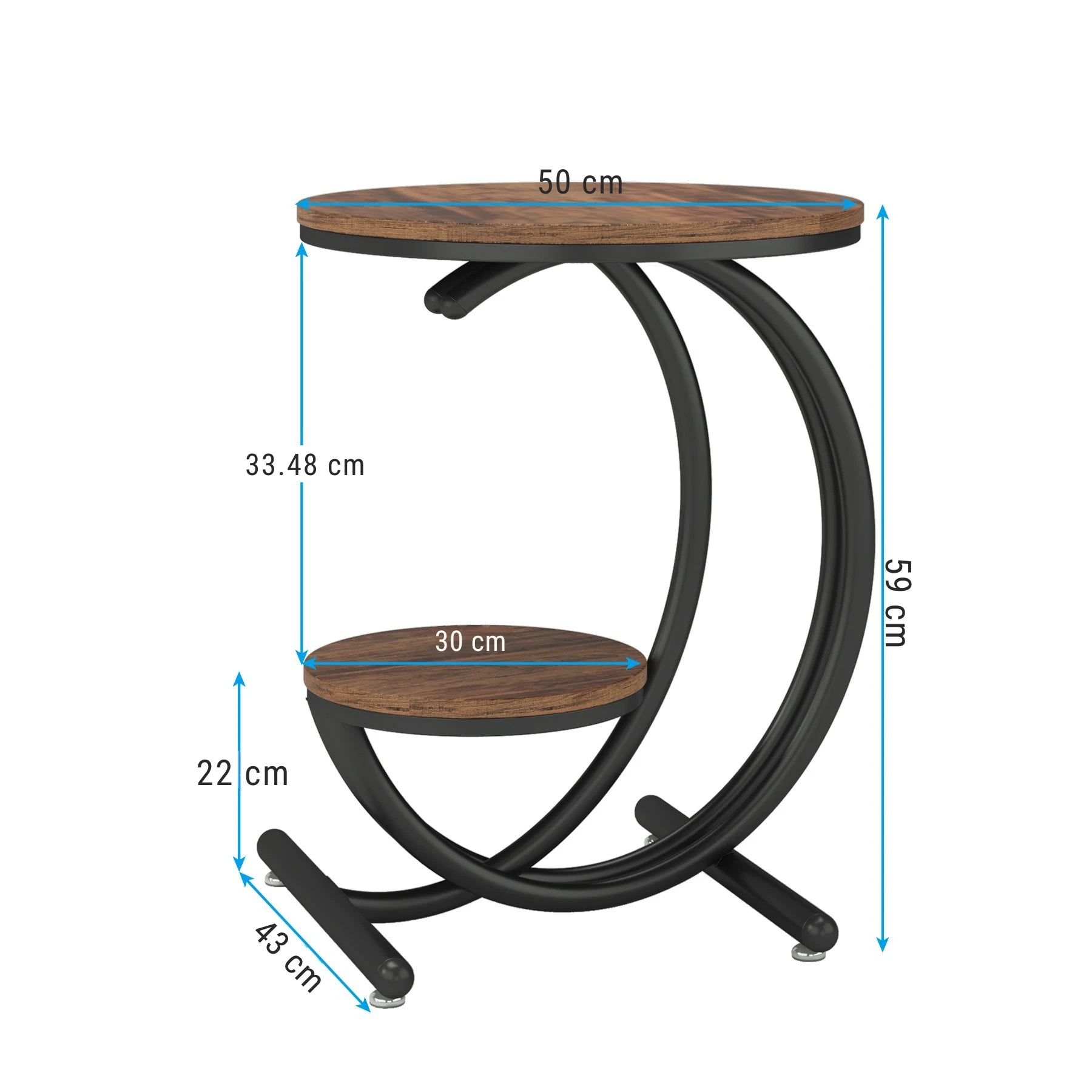 Rustic Industrial C-Shaped Side Table - 2-Tier Round End Table with Black Frame & Wood Finish Viridian HM Limited