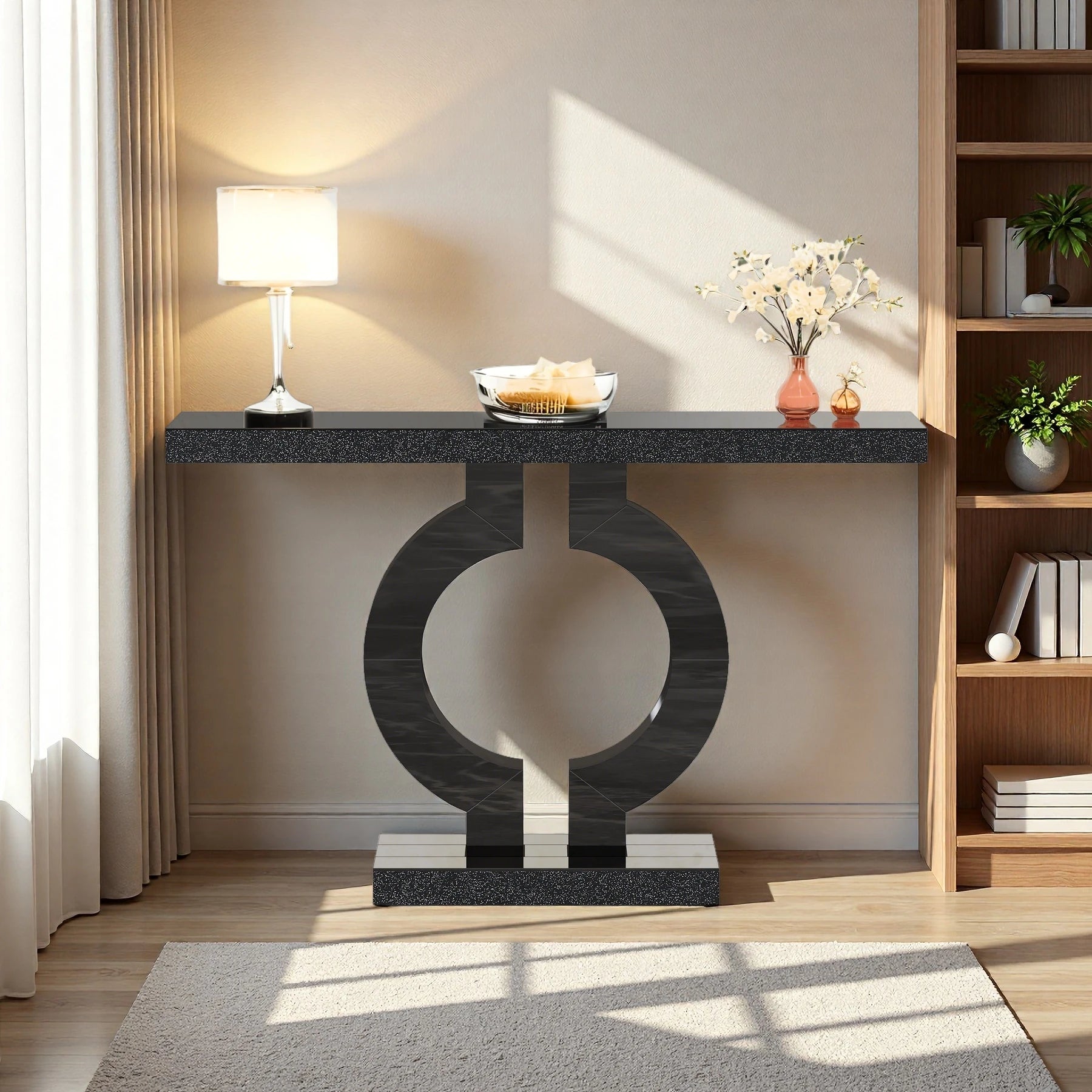Modern Black Marble-Effect Console Table - Sculptural Entryway & Sofa Table Viridian HM Limited