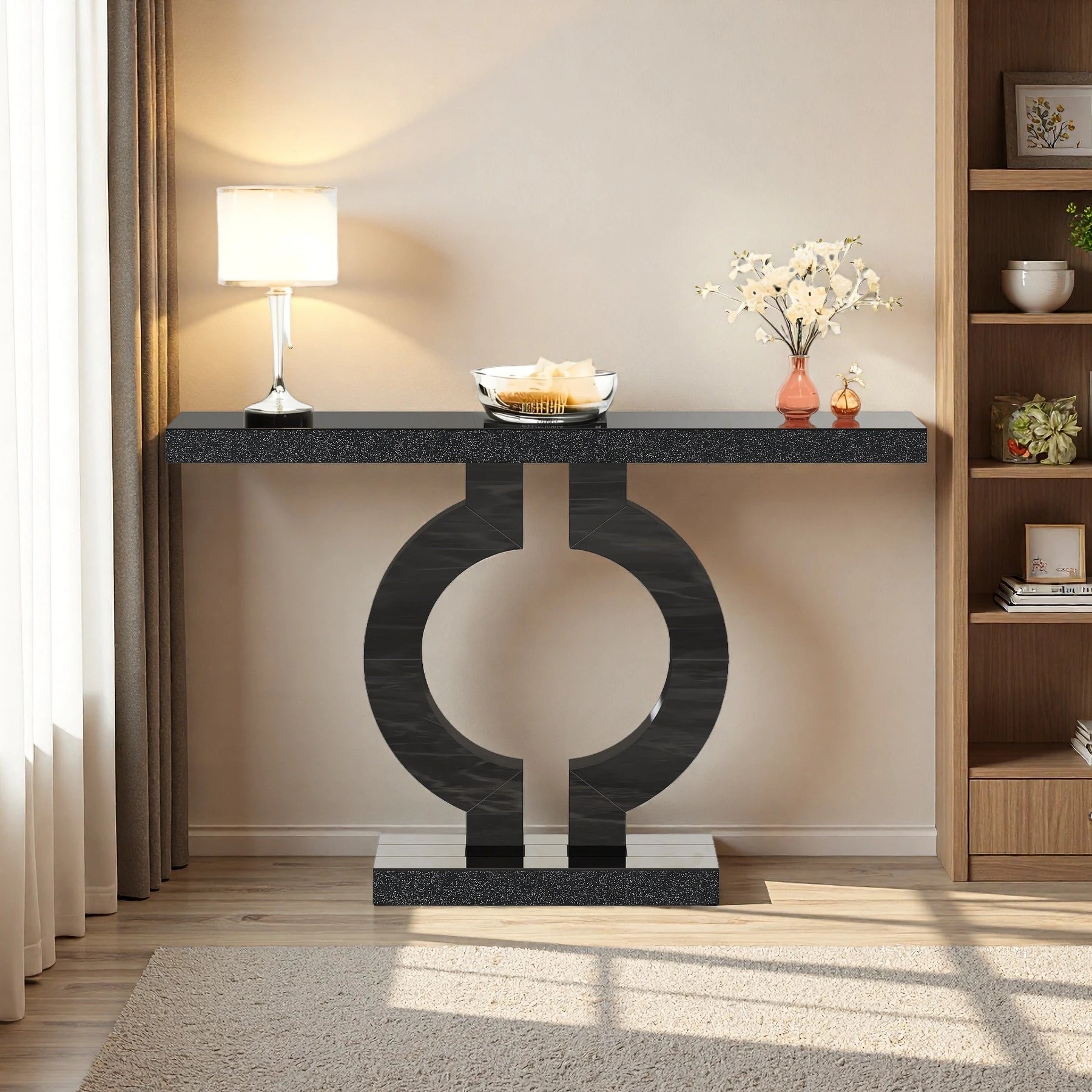 Modern Black Marble-Effect Console Table - Sculptural Entryway & Sofa Table Viridian HM Limited