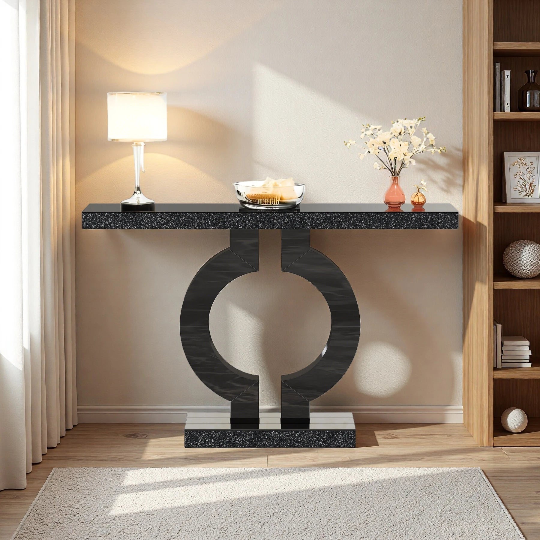 Modern Black Marble-Effect Console Table - Sculptural Entryway & Sofa Table Viridian HM Limited