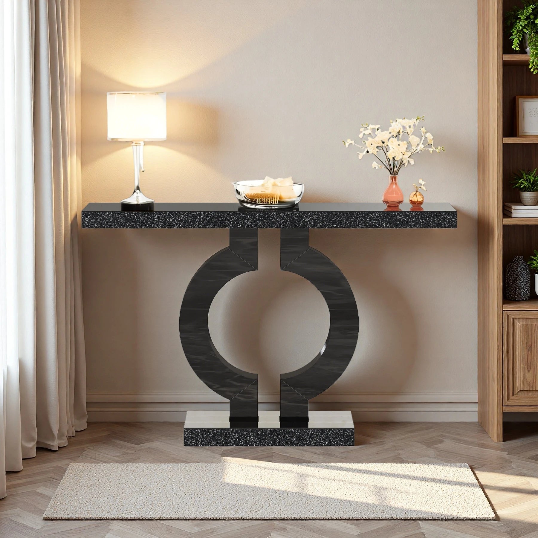 Modern Black Marble-Effect Console Table - Sculptural Entryway & Sofa Table Viridian HM Limited