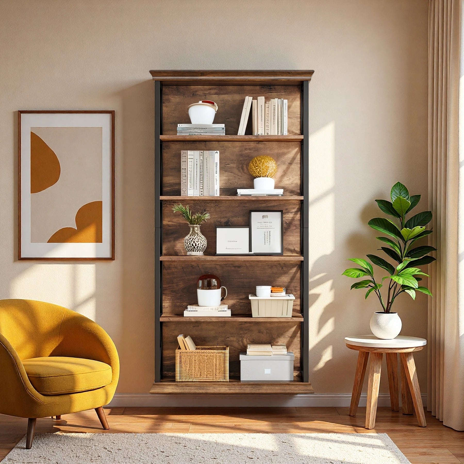 Rustic Industrial 5-Tier Bookcase - Large Open Shelf Display & Storage Cabinet Viridian HM Limited