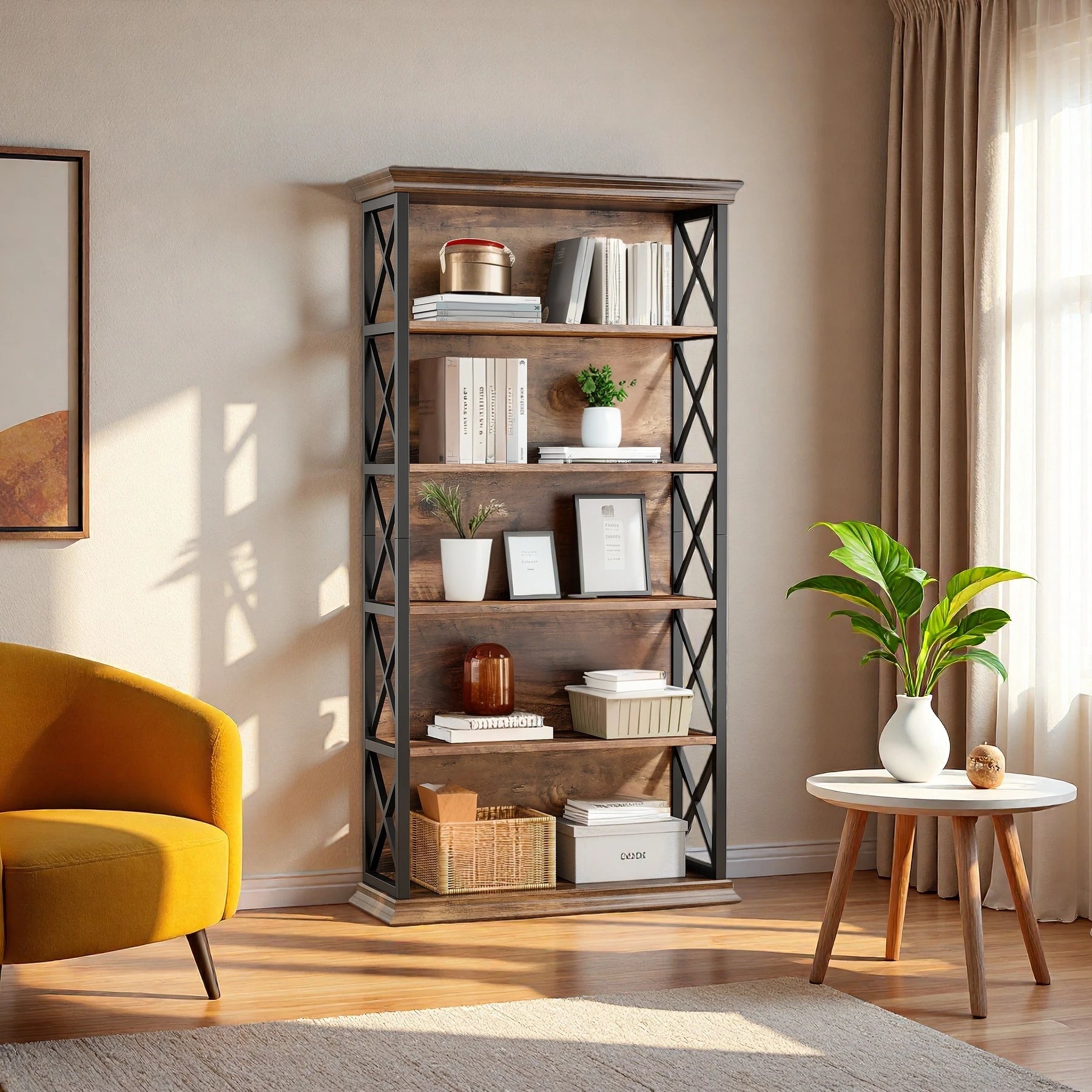 Rustic Industrial 5-Tier Bookcase - Large Open Shelf Display & Storage Cabinet Viridian HM Limited