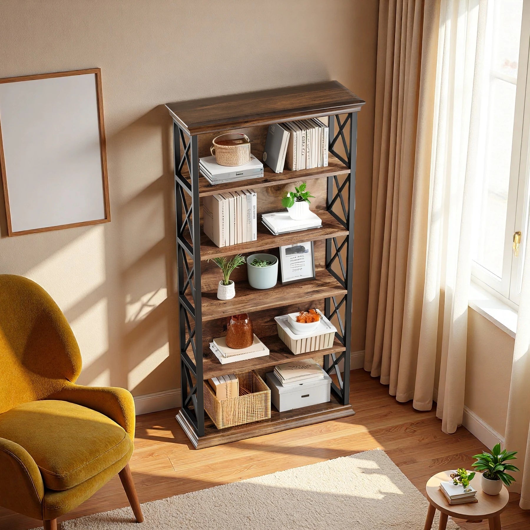 Rustic Industrial 5-Tier Bookcase - Large Open Shelf Display & Storage Cabinet Viridian HM Limited
