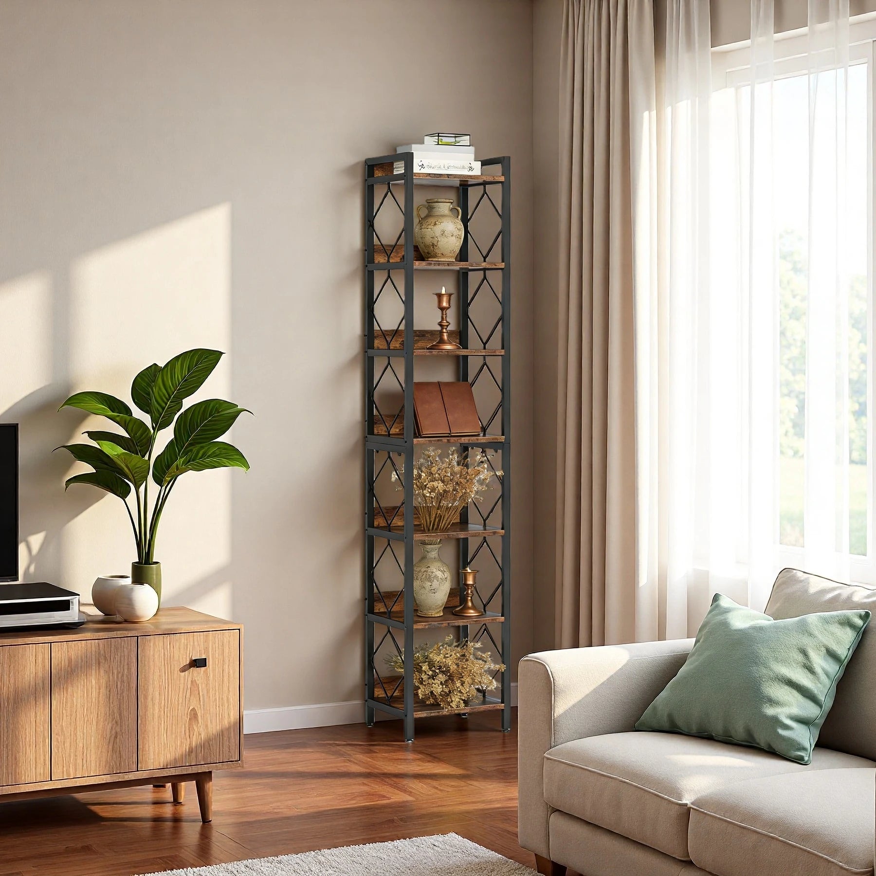 Industrial Slim 6-Tier Bookshelf - Rustic Wood & Black Metal Display Tower. Viridian HM Limited