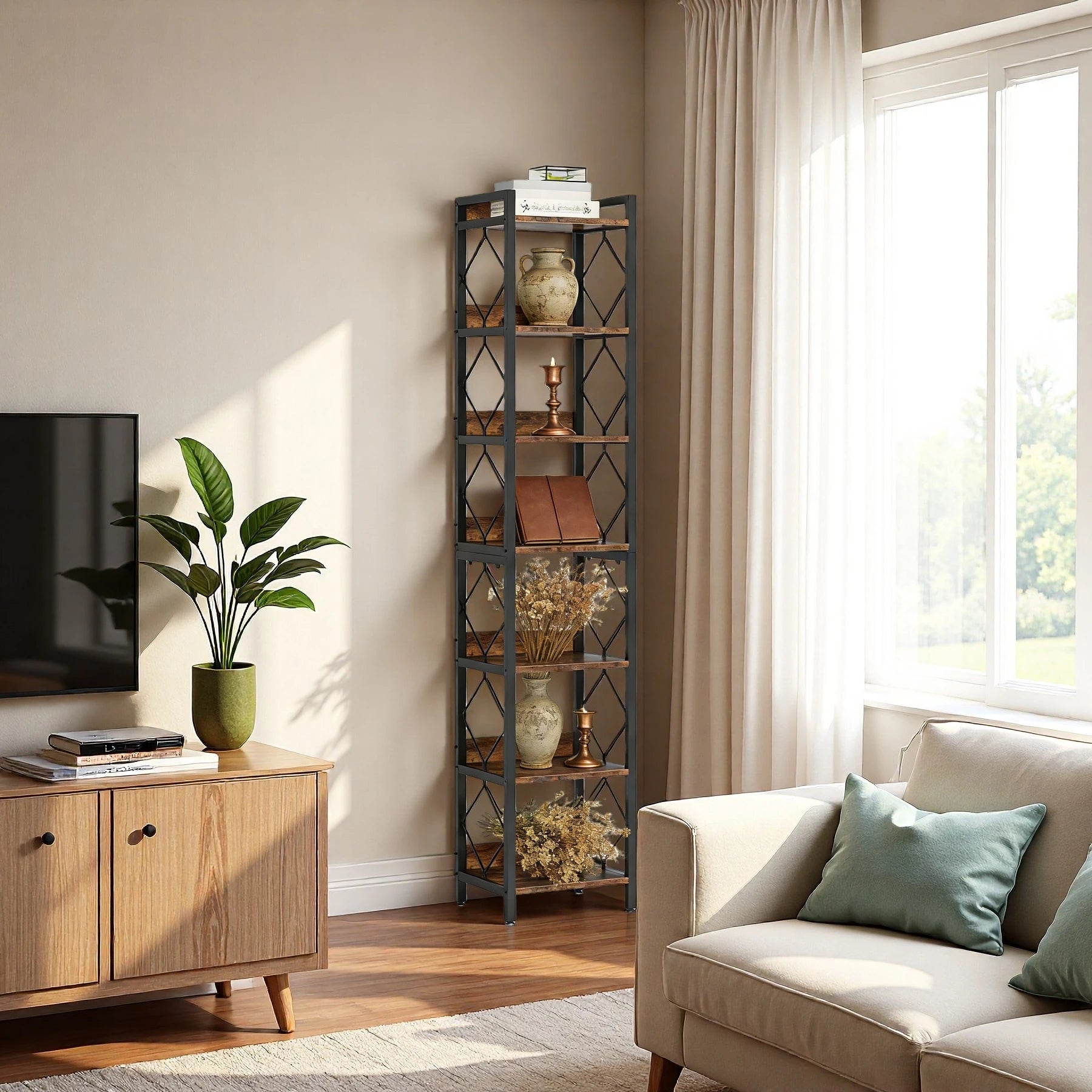 Industrial Slim 6-Tier Bookshelf - Rustic Wood & Black Metal Display Tower. Viridian HM Limited