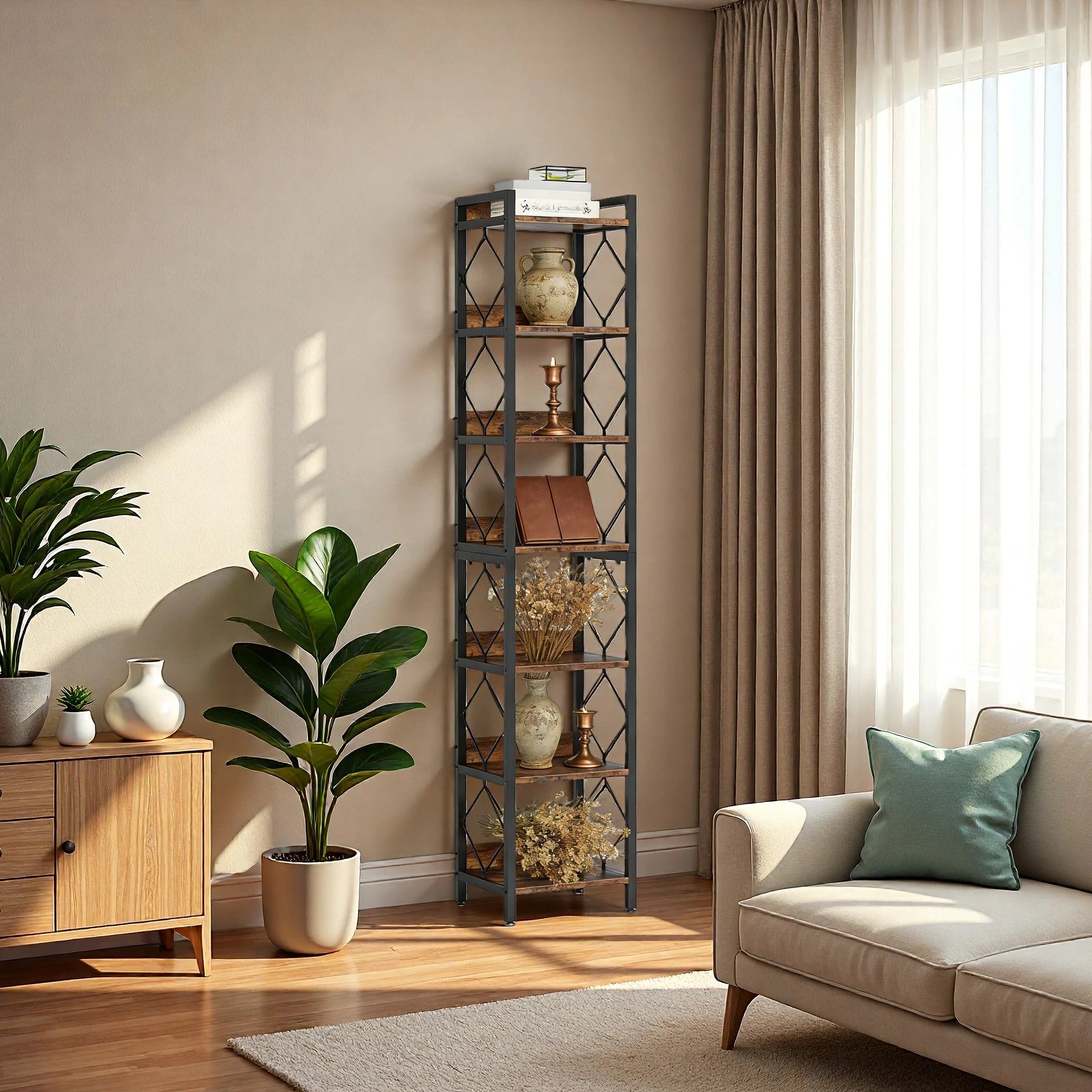 Industrial Slim 6-Tier Bookshelf - Rustic Wood & Black Metal Display Tower. Viridian HM Limited