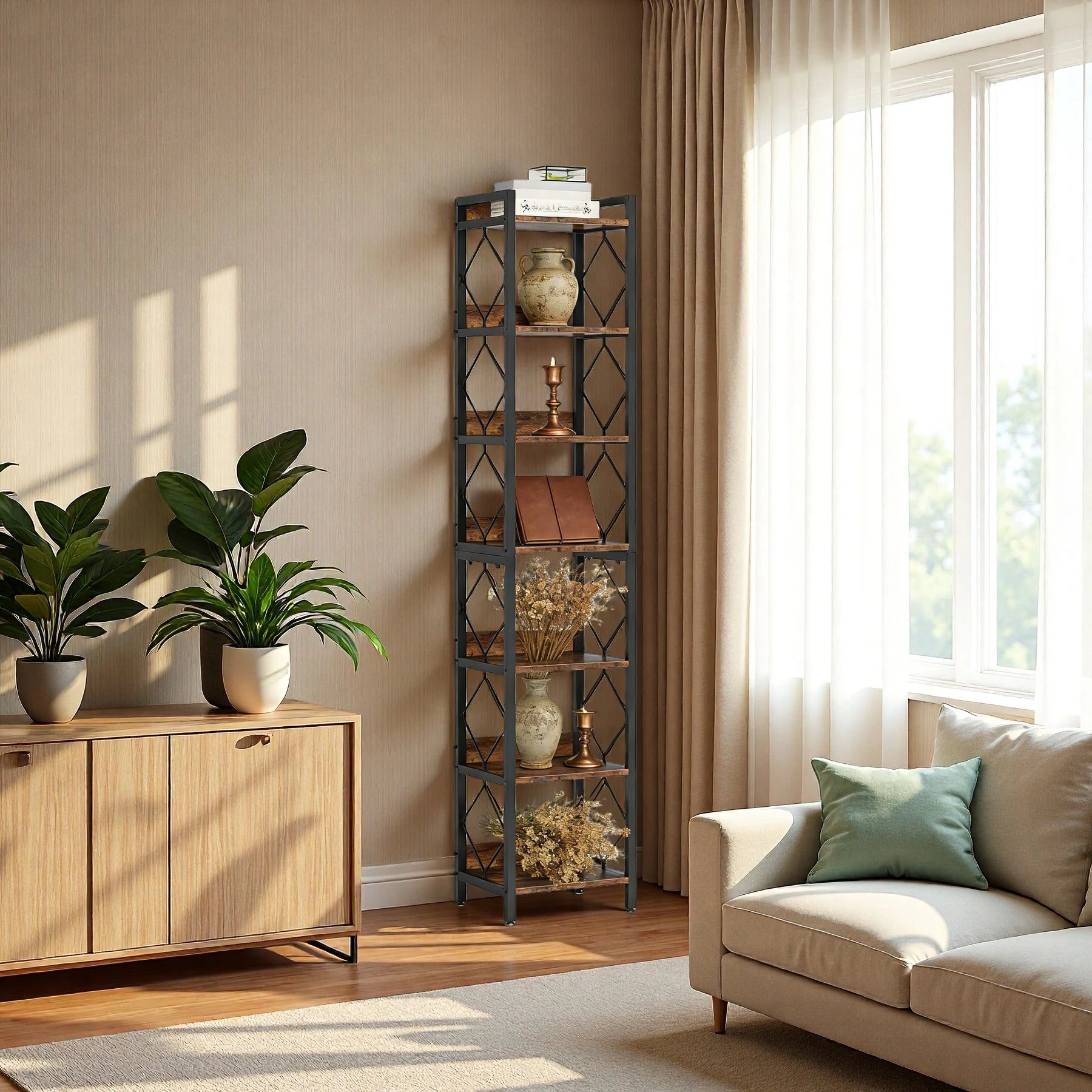 Industrial Slim 6-Tier Bookshelf - Rustic Wood & Black Metal Display Tower. Viridian HM Limited