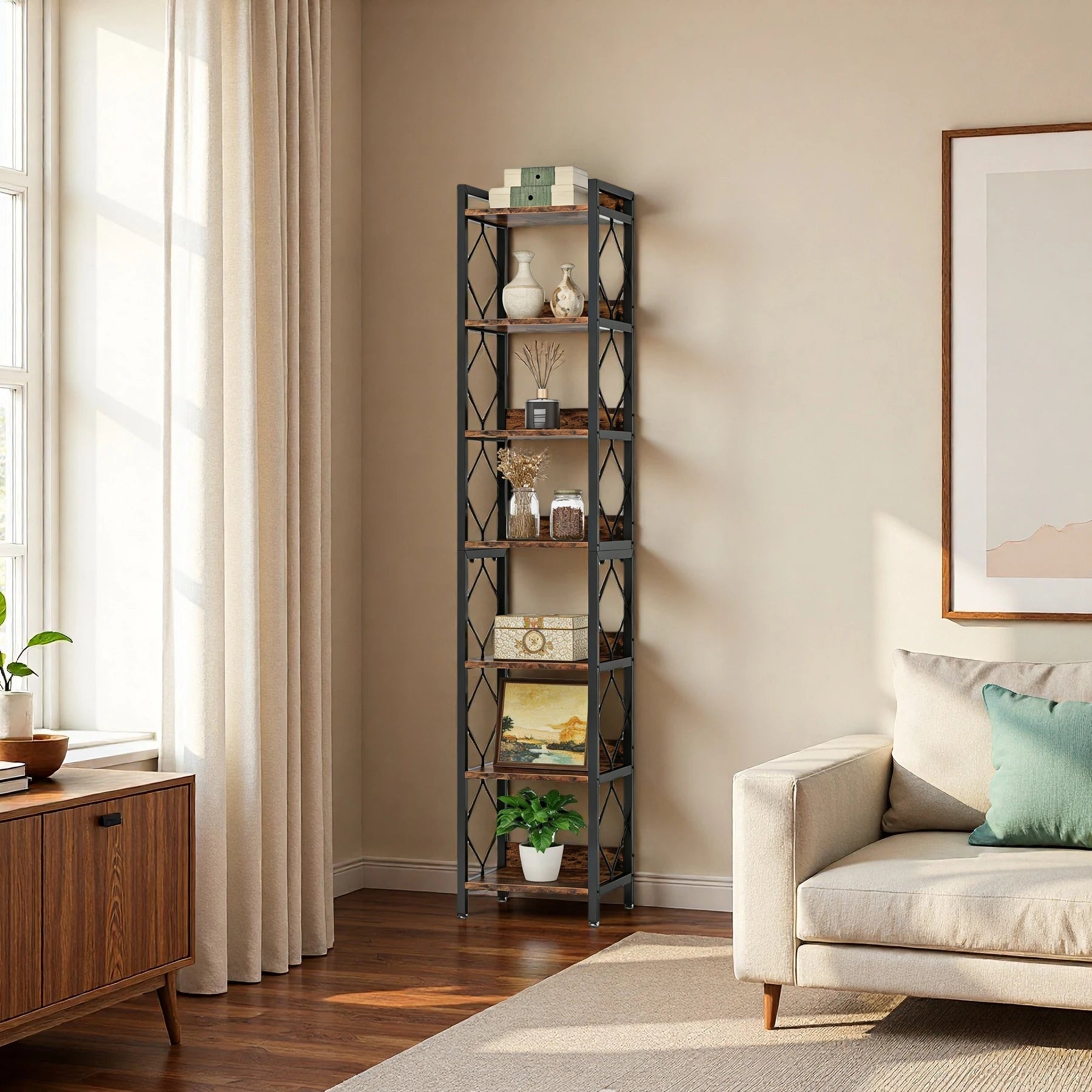 Industrial Slim 6-Tier Bookshelf - Rustic Wood & Black Metal Display Tower. Viridian HM Limited