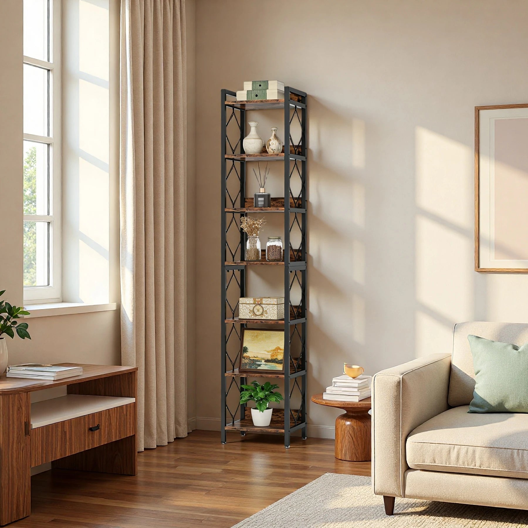 Industrial Slim 6-Tier Bookshelf - Rustic Wood & Black Metal Display Tower. Viridian HM Limited