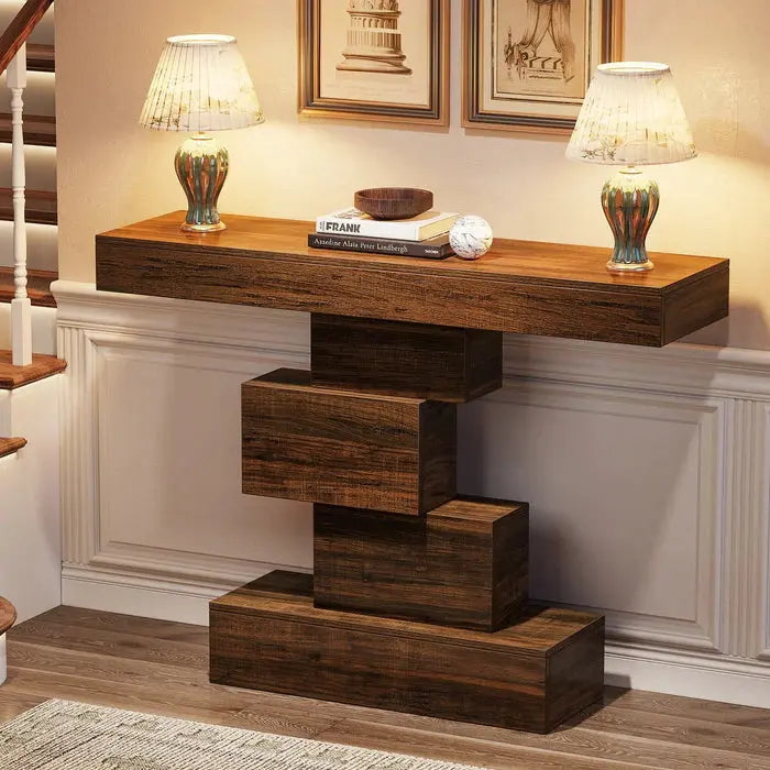 42" Console Table, Wood Sofa Table Accent Table with Geometric Base