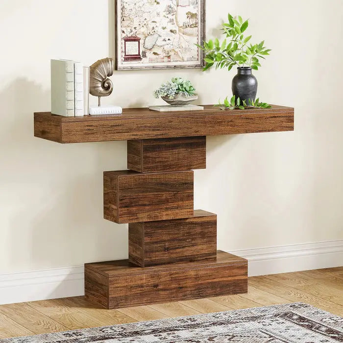 42" Console Table, Wood Sofa Table Accent Table with Geometric Base